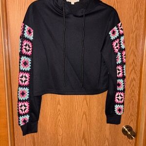 Rebellion Black Hoodie with Crochet Sleeve Accents